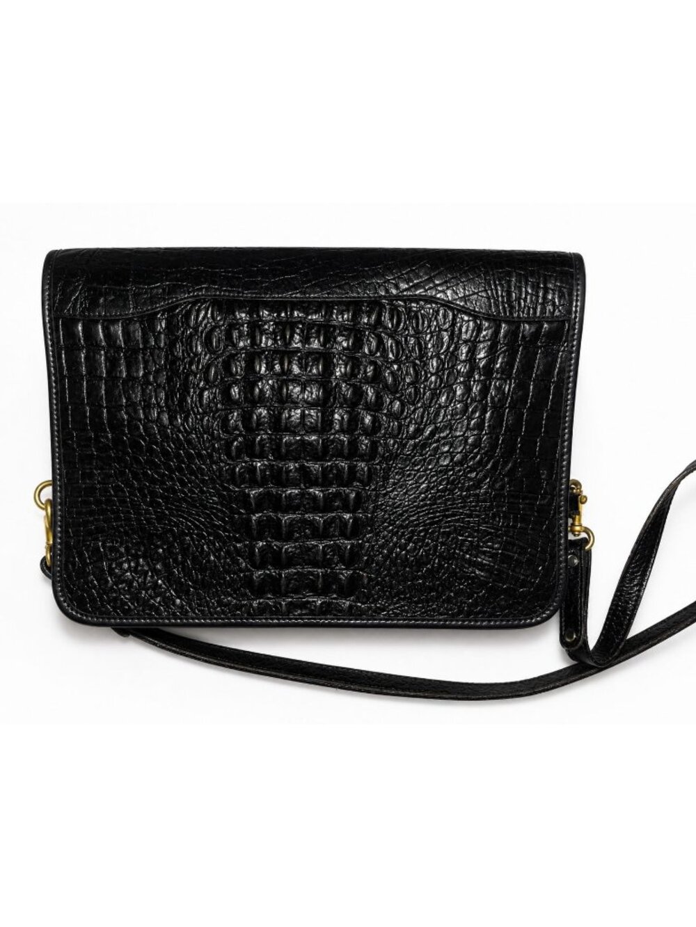 Vintage Brahmin Black Croc Embossed Leather Shoulder Bag Gold Medallion USA - Picture 2 of 9